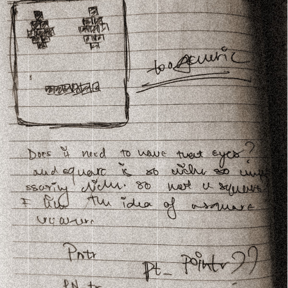 Notebook sketches of *ptr's triangular body and first face iterations.