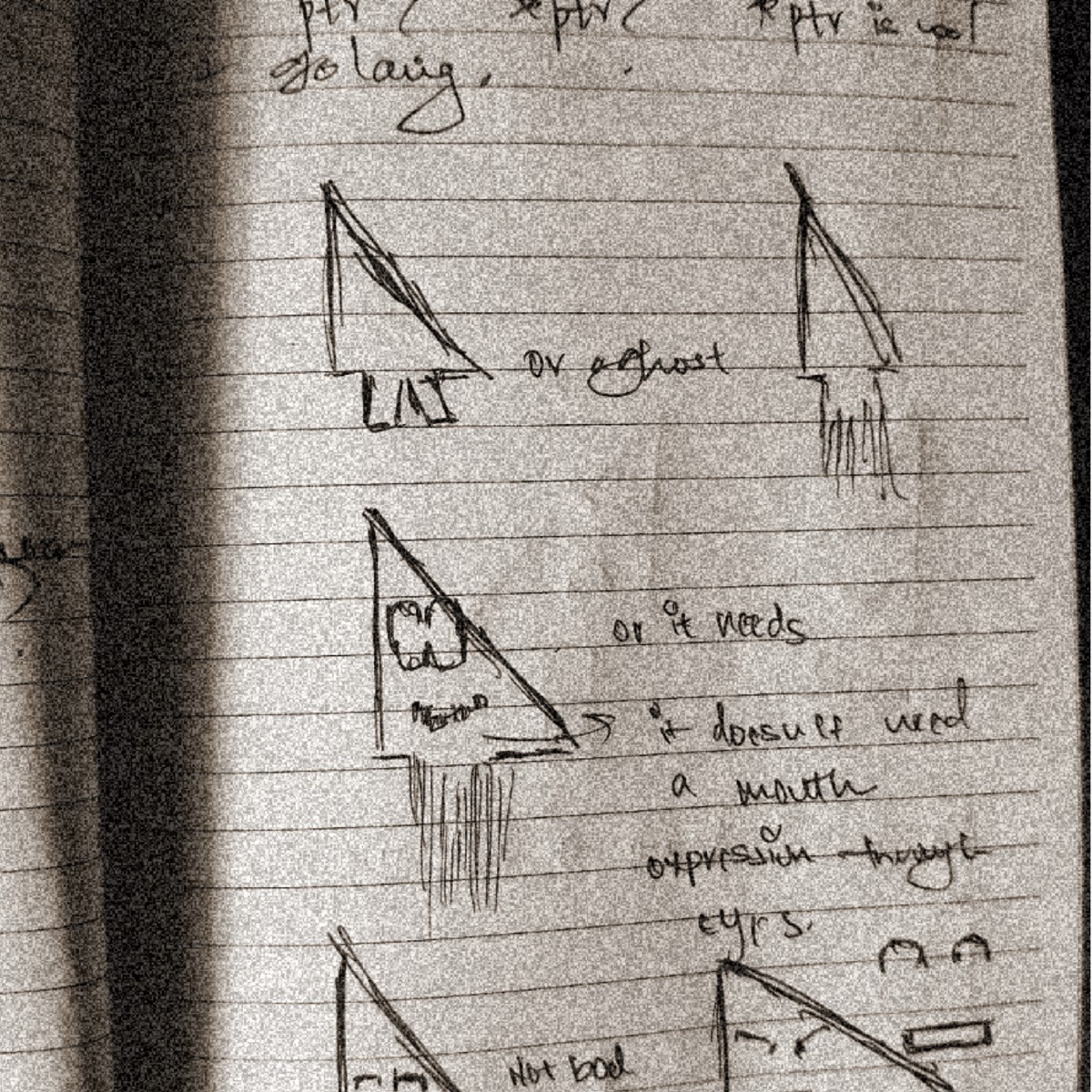 Sketches exploring *ptr as a ghost and whether it needs a mouth or expresses through eyes.