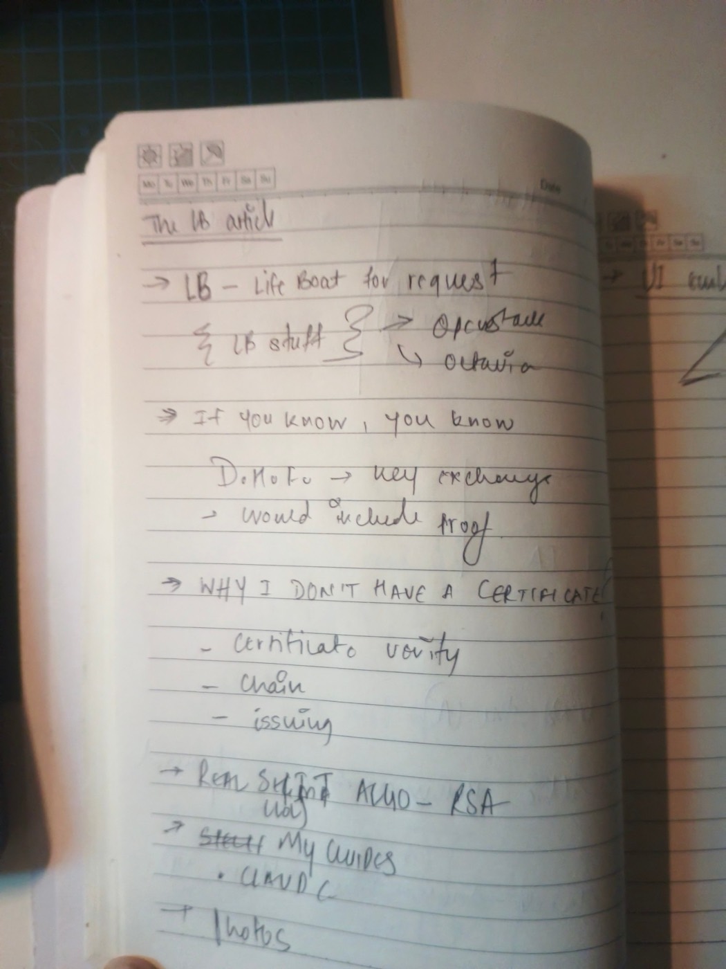 Notebook outline for this article: LB as a lifeboat, if you know you know, why I don't have a certificate, RSA, my guides, photos.