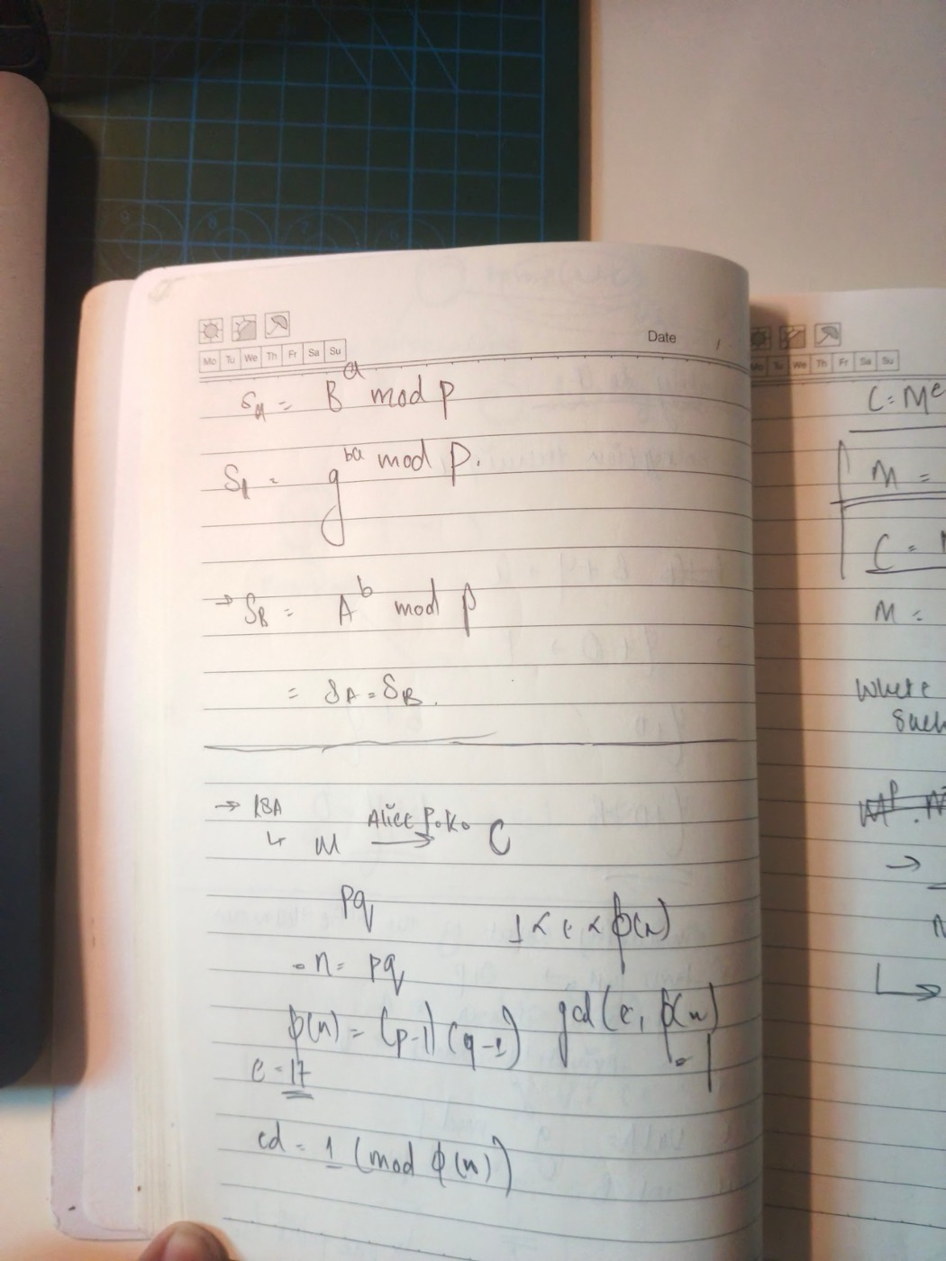 Working out the Diffie–Hellman shared secret, then the RSA setup: n = pq, φ(n) = (p−1)(q−1), e = 17, ed ≡ 1 mod φ(n).