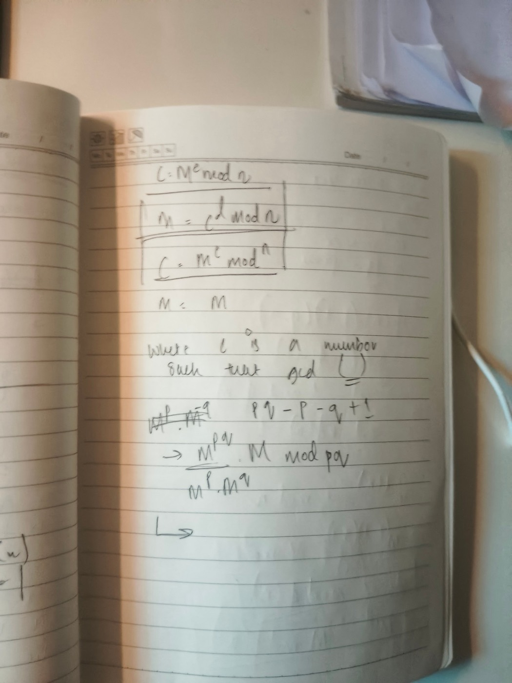 The RSA derivation: C = M^e mod n, M = C^d mod n, and φ(n) expanded as pq − p − q + 1.